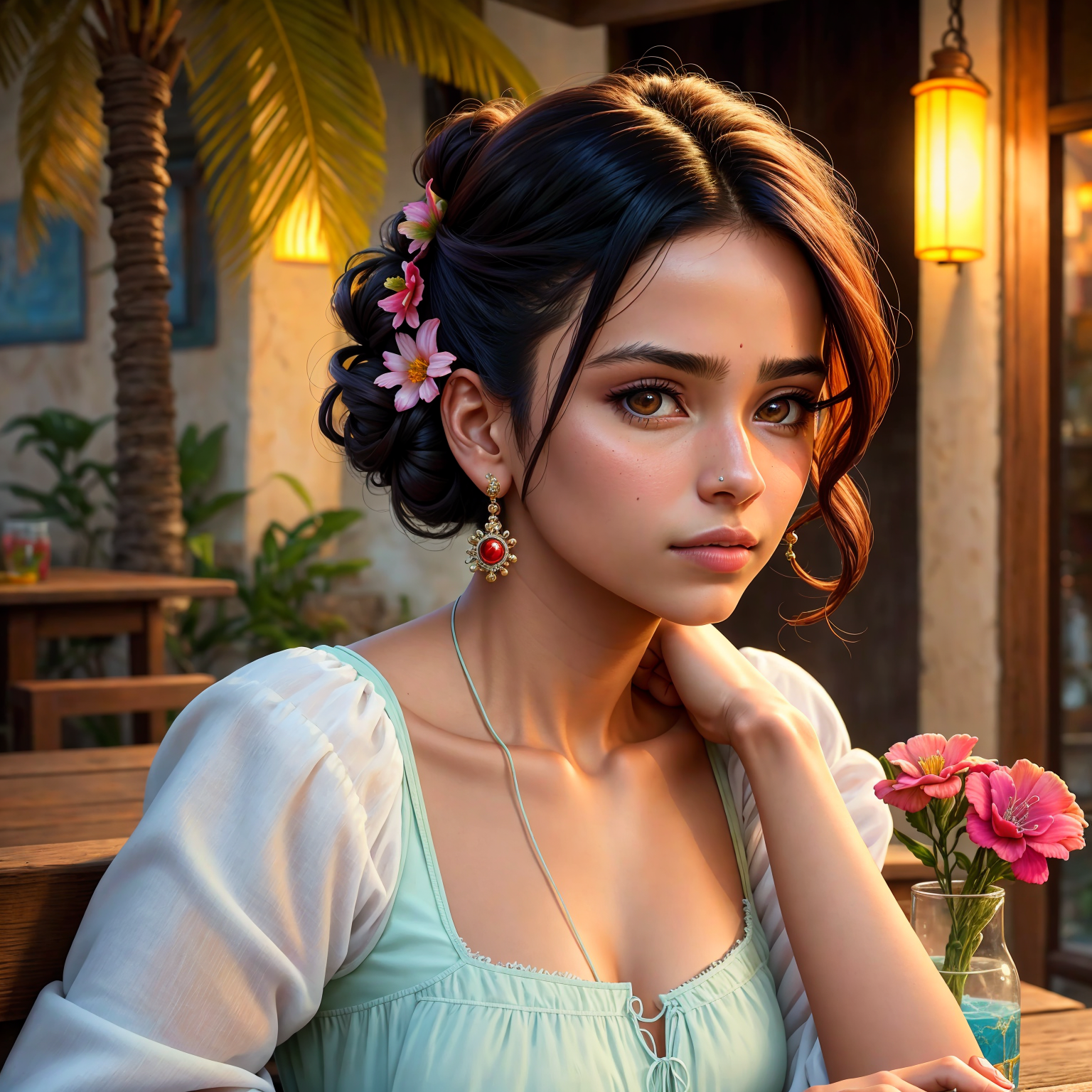 portrait of beautiful mexican woman updo flowers in hair coastal village cantina patio (SouthOfTheBorderSD15:1)
(masterpie...