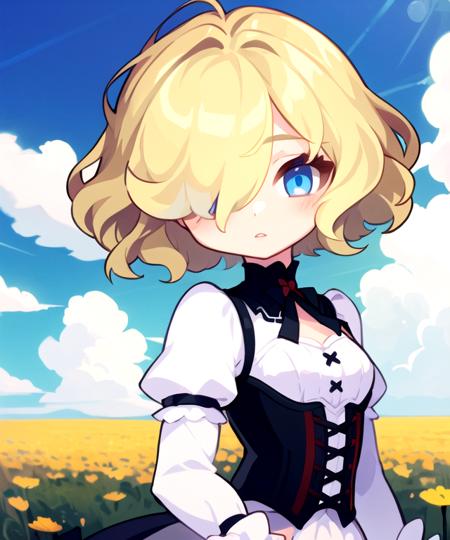 masterpiece, <lora:GT640V1:0.7>, chibi, best quality, 1girl, blonde hair, short hair, wavy hair, hair over one eye, blue eyes, small breasts, white dress, corset, black skirt, upper body, field, sky, clouds