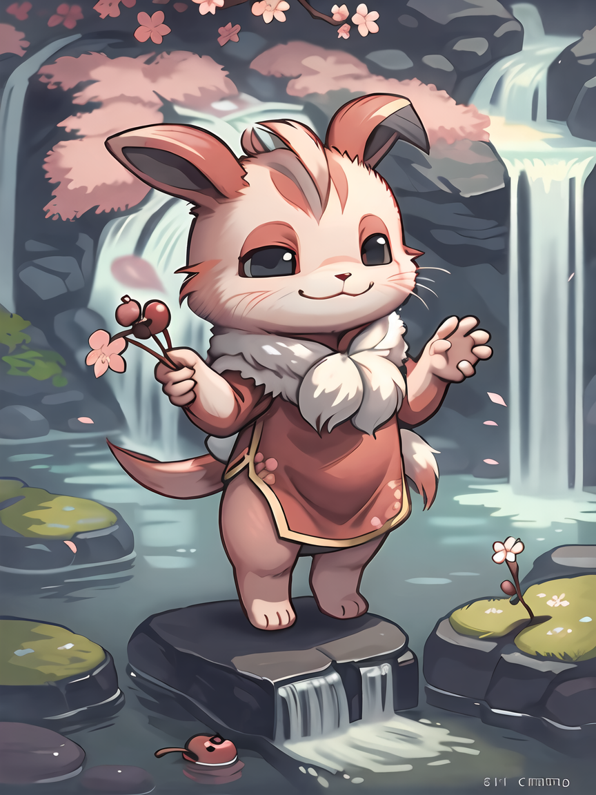 (rabbit:0.5), red dress, china dress, standing, straight-on, smirk, waterfall, cherry blossoms, no humans, Cu73Cre4ture  <...