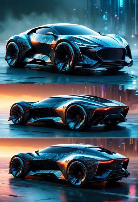 The cyberpunk car is a sleek and menacing marvel of futuristic design. Its body, sculpted from glossy, jet-black composite materials, exudes an aura of darkness and mystery. Neon accents trace intricate patterns along the vehicle's curves, casting an otherworldly glow in the night. The car's angular lines and sharp edges evoke a sense of speed and aggression, while its tinted, teardrop-shaped windows conceal the occupants within. The wheels, equipped with glowing LED rims, seem to hover above the ground, defying gravity. This cyberpunk car is not just a mode of transportation; it's a symbol of a dystopian future where technology and rebellion collide.