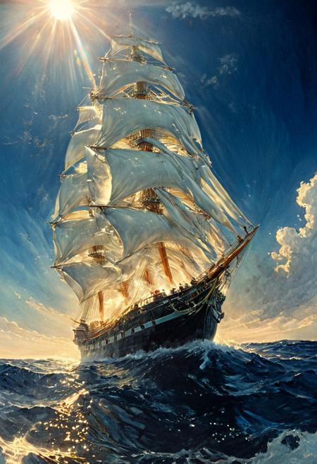 This is a highly detailed dramatic seascape at night. The image captures a large, traditional wooden sailing ship with multiple masts and billowing white sails, navigating through choppy, dark blue waters. The ship is positioned slightly to the left, with the sun shining brightly in the upper left quadrant, casting a radiant halo and creating a dazzling lens flare effect. The sun's rays are refracted through the water, creating a sparkling, ethereal atmosphere with hues of green, blue, and gold.
The water surface is turbulent, with waves splashing and reflecting the light, adding a dynamic and vibrant quality to the scene. The ship's rigging and sails are intricately detailed, showing a realistic texture. The sky is a deep, dark blue, dotted with scattered, wispy clouds, and the horizon is barely visible due to the intensity of the light.
The overall style of the image is photorealistic, with a high level of detail and depth, capturing the grandeur and majesty of the ocean and the ship. The use of light and shadow creates a sense of depth and movement, making the viewer feel as if they are part of the scene. (ArsMJStyle, Colored pencil hyperdetailed realism)