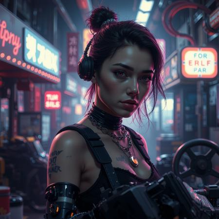 cinematic film still a cyberpunk girl with neon implants and augmented arms, working as a mechanic in a gritty cyberpunk city, blending high-tech function with street style. shallow depth of field, vignette, highly detailed, high budget, bokeh, cinemascope, moody, epic, gorgeous, film grain, grainy