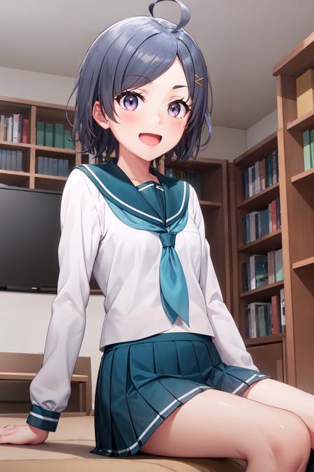 masterpiece, best quality, cowboy shot, :d, komachi hikigaya, short hair, ahoge, hairclip, school uniform, serafuku, long sleeves, pleated skirt, black kneehighs, sitting, indoors, house, bookshelf, television, <lora:komachi_hikigaya_v2:0.9>