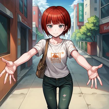 koizumi Mahiru,danganronpa,red hair,short hair,gray eyes khaki skirt, pleated skirt, khaki vest, white collared shirt, short sleeves, red tie, red and white plaid tie, SLR camera slung over the shoulder