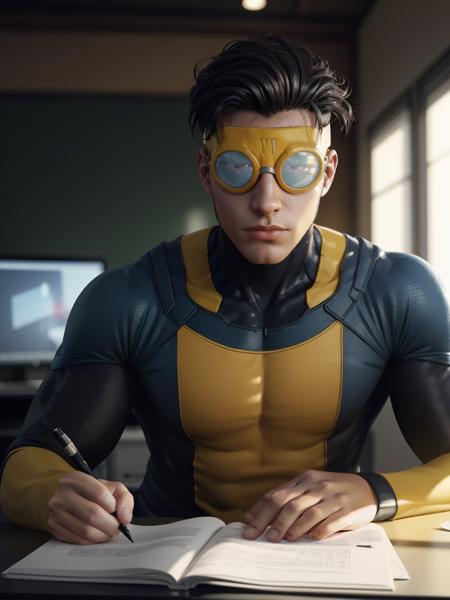 Invincible2023, photorealistic, 8k, uhd, best quality, masterpiece, best quality, 1boy, 5 fingers, cinematic lighting, raw image, trending on arstation, vibrant colors, goggles, bored in class, desk, closeup, cinematic lighting