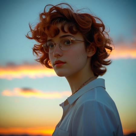 feminine, photograph, realistic, detailed, (small_breasts, perky_breasts, necklace, glasses, thick,
(20yo, nsfw, 1girl, pubic hair, short wavy hair, pretty, rouge,:1.4), sensual, exotic, mesmerizing, evocative, entrancing, artless, young, fresh, solo, (style of Henry Scott Tuke), (style of Anthony Thieme), (style of Gil Elvgren), :1.1), 
(1girl, solo, upper_body, sunset, evening, sky, from_side, gradient_sky,  twilight, nose, dusk, backlighting, blurry_background,  orange_sky, cloud, depth_of_field, sunlight, day, blue_sky, gradient_background, portrait, shirt,:1.0)