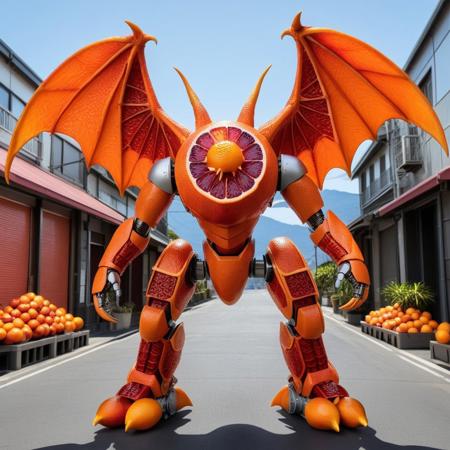 blood orange style, codeandigital, c0dean0igital, cyberw0rlds, no humans, dragon made of blood oranges, mountain background, mountain made of blood oranges, wings made of blood oranges, claws, solo, open mouth, tail, orange eyes, sharp teeth, teeth, monster, robot, full body, non-humanoid robot, horns, mecha, flying, tongue, from side, creature, fangs, science fiction, glowing, spikes, blood orange scales, orange gem, looking at viewer, armor made of blood oranges, Tokio streets background, Tokio, mountain, Fuji, wearing glasses, glasses made of blood oranges