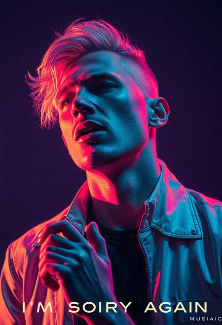 high quality design aesthetics, male vocals, electro-funk, synth-pop, disco, retrofuturistic, modern, detailed, pop album cover, white man, artist name "Musaic", album title "I'm Sorry Again"