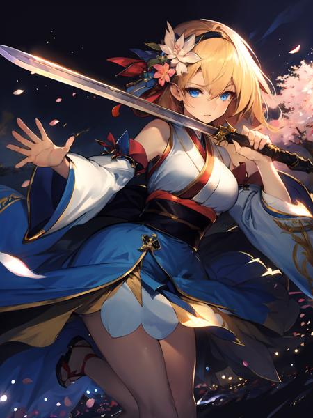 masterpiece,best quality,highres,cinematic lighting,dramatic angle,<lora:ShadowverseAureliaV2:0.8> ,blonde hair,hairband,hair ornament,hair flower,japanese clothes,bare shoulders,detached sleeves,wide sleeves,portrait,close-up,tabi,sandals,sash,looking at viewer,smile,blue eyes,parted lips,thick thighs,legs out,cherry blossom,petals,holding sword,slashing,glowing weapon