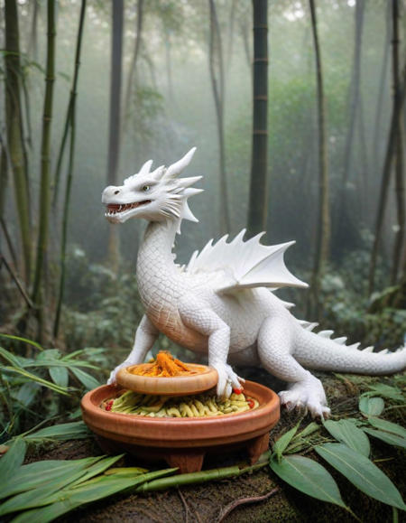  centrally positioned, a cute fluffy dragon holding a bamboo Tagine, set against a backdrop of a misty forest with distant mountains. The composition is serene with soft, diffused lighting, evoking an Asian aesthetic.