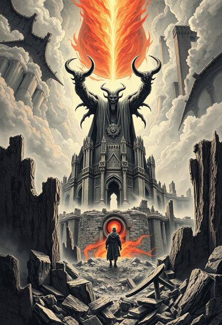 I also stood in Satan’s bosom & beheld its desolatons:
A ruin’d Man, a ruin’d building of God not made with hands;
Its plains of burning sand, its mountains of marble terrible;
Its pits & declivities flowing with molten ore & fountains
Of pitch & nitre; its ruin’d palaces & cities & mighty works;
Its furnaces of affliction, in which his Angels & Emanations
Labour with blacken’d visages among its stupendous ruins,
Arches & pyramids & porches, colonnades & domes,
In which dwells Mystery, Babylon; here is her secret place;
From hence she comes forth on the Churches in delight;
Here is her Cup fill’d with its poisons, in these horrid vales,
And here her scarlet Veil woven in pestilence & war;
Here is Jerusalem bound in chains, in the Dens of Babylon.