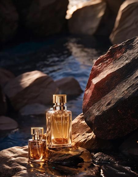 anse,Men's perfume, rocks, water, bright light,octane render, unreal engine, film grain, bokeh, blur foreground, blur background,gradient background,blur