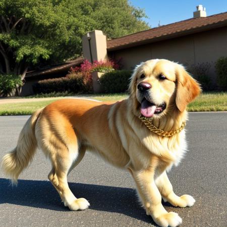 A golden retriever with gold chains and aviator sunglasses, rubbing his paws