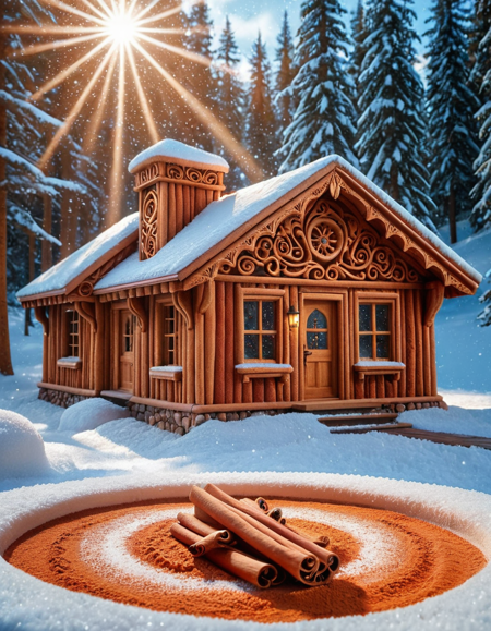 Visual Cottagecore ral-spicecinnamon, intricate details, sleek, Snowing, Trendercore, Sun Rays, clean, <lora:ral-spicecinnamon-sdxl:0.9>, magic atmosphere, ambient light, colorful, beautiful detailed, set logical ambient background, vibrant, elegant, confident