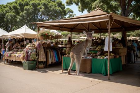 High humidity,(Kangaroo Rat:1.3),Goblin Market Square with Colorful Stalls and Mysterious Merchandise,