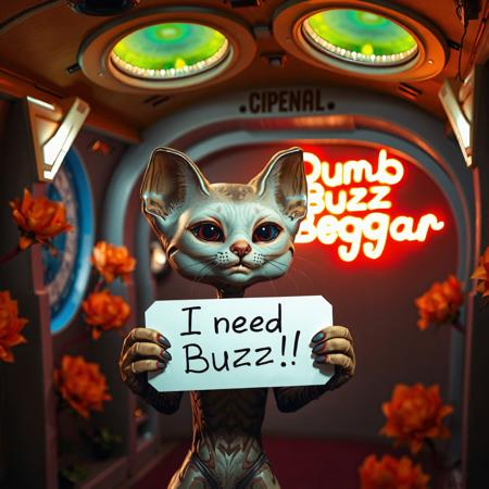masterpiece, intricate photo, realistic outer space humanoid alien cat holding a white sign on which is written "I need Buzz!", background interior of a spcecraft, giant alien flowers at the walls, in the background is written in neon letters "Dumb Buzz Beggar", hyper realistic, highly detailed, sharp focus, crepuscular lights in the background, dawn of technology, dark art, gothic art, cyberpunk style, best quality, high resolution, colorful, vibrant colors, cozy indoor lighting, 8K, easypositive