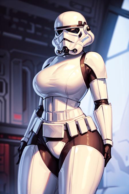 storm trooper, helmet, white armor, science fiction, star wars, pose, 1girl, solo, large breasts, tall, wide hips