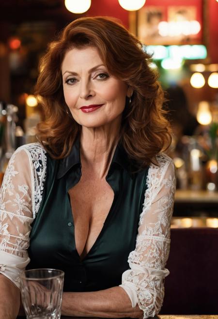 ((model shoot style)), ((realistic)), ((masterpiece)), {{{best detail}}}, photorealistic, reality, ((beautiful, mature, busty, buxom, voluptuous, beautiful Susan Sarandon wearing a black unbuttoned silk blouse, lace brassiere, and tight jeans))), sitting in a smoke-filled, candlelit dive bar, ((beautiful, slender natural prefect face, gleeful expression, happy, professional makeup, glossy lipstick, teased hair, extremely long hair)),  fine lines, fine wrinkles, skin imperfections, (green eyes:1.1)(((cinematic lighting, dramatic lighting))), bokeh, Nikon 24 millimeter lens, raytraced, sharp focus, depth of field