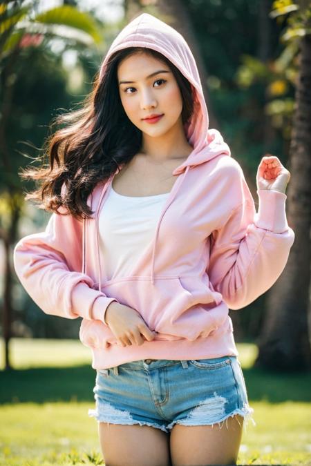 26 years old woman, milf, at park, (pink hoodie), RAW photo, (photorealistic: 1. 37, realistic), highly detailed CG unified 8K wallpapers, 1girl, large breast, looking at viewer, (((straight from front))), (HQ skin:1.2, shiny skin), 8k uhd, dslr, soft lighting, high quality, film grain, Fujifilm XT3, ((dynamic pose:1.2)) ((full body:0.6)),  <lora:anyageraldine_v1.0:0.9> anyageraldine