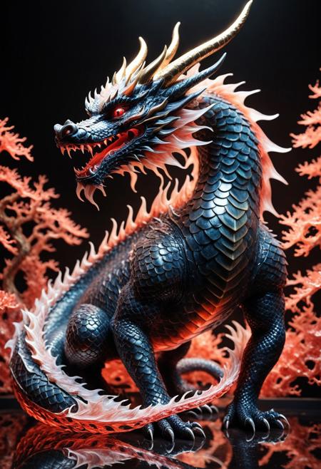 (made of coralbugXL:1.5), detailed background, masterpiece, best quality, high quality, ultra detailed, highly detailed, high detail, artistic lighting, depth of field, perfect soft lighting, best shadows, perfect reflections, volumetric, detailed image, high resolution, sharp definition, a majestic traditional japanses dragon made of coralbugXL, dragon scale made of coralbugXL, majestic serpentine dragon with antler-like horns, flowing mane, long body coiling through the air, golden highlights, atmospheric composition, traditional Japanese art style, highly detailed, translucent glass body, intricate swirls of color, elegant lighting, studio background, realistic reflections, art style,