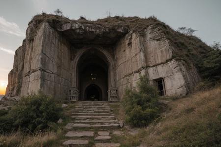 raw photo, a sunset landscape, oregon mountains, forested ravine cliffs, cozy, photorealistic, abandoned Towering Stone gateway entry into dark the side of cliff, dwarven, high fantasy style, high detailed texture, 8k uhd, dslr, soft lighting, high quality, film grain, Fujifilm XT3, Sony A7 IV, highly detailed photography, (muted colors, cinematic, dim colors, soothing tones:1.2), vibrant, insanely detailed, hyperdetailed, (dark shot:1.2), (vsco:0.3), (intricate details:0.9), (hdr, hyperdetailed:1.2) (highest coherency: 1.39) (highest quality: 1.39) (rule-of-thirds) (award-winning) (masterclass) (highest resolution: 1.39) (castle architecture built into cliff: 0.69) (starfort: 1.1) (protruding from hillside)