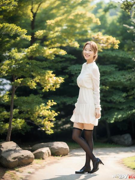 PBYoung, wearing a white dress and black stockings, standing in a forrest, smiling, detailed face, (8k, RAW photo, best quality, masterpiece:1.2), (realistic, photo-realistic:1.37), professional lighting, photon mapping, radiosity, physically-based rendering, 1girl  <lora:PBYoungtest:1>