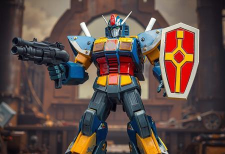 The Coach Captain Bearman robot stands proudly against an Ancient Gear Factory backdrop, exuding an aura of readiness. This blue, gray, and yellow robot, with red and gold accents, holds a large gun in its right hand and a shield in its left, symbolizing protection. The dynamic action pose, sharp lines, and vibrant colors showcase the robot's intricate details, from its super-detailed face and clothes to its handcrafted precision. This 4K image, with its captivating lighting and balanced editing, captures the robot's lifelike details and vivid emotions, making it a stunning piece of art.