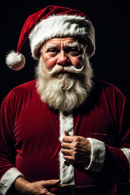 santa claus with wipe, dirt, hitting, angry, christmas background, dark theme, high contrast, (hyperrealism, sharp), amateur photoshoot, depression, film grain, dread, shabby, grime, angst, seedy, downtrodden