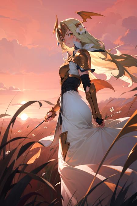 masterpiece, best quality, seiros, head wings, gold armor, forehead protector, yellow hair, hair flowers, gauntlets, white dress, standing, field, red sky, looking at viewer, walking, from side, furrowed brow, wide shot, sunset  <lora:rhea-nvwls-v3-000009:0.9>