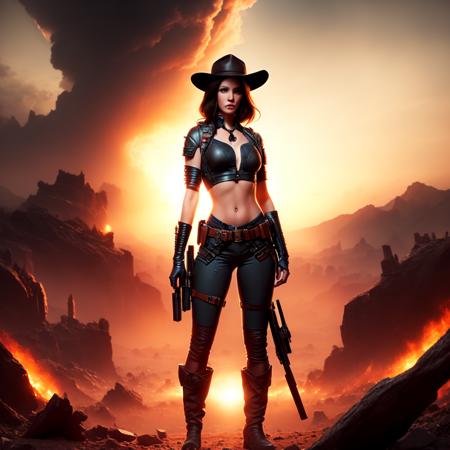 an attractive woman [gunslinger:bounty hunter:0.4] standing in a apocalyptic wilderness (boxedfutures style:1) <lora:djzBoxedFutures_LB2:0.8>