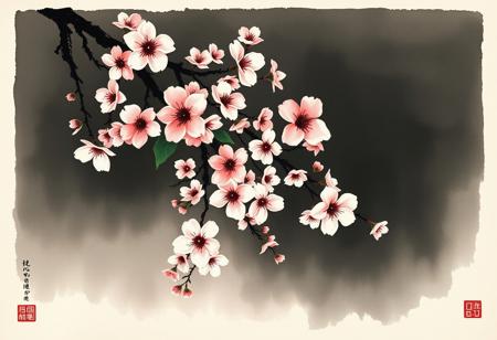 Poetic sumi-e with meticulously rendered cherry blossoms cascading across washi paper, embodying the concept of mono no aware. The traditional ink wash technique creates a gradient from deep black to misty pink, with negative space suggesting spring wind. Red blossoms accents catch imaginary light, while asymmetrical composition draws the eye through bold brush strokes and delicate detailing.  The scattered blossoms display deliberate imperfections celebrating wabi-sabi principles, some rendered with a single masterful brushstroke, others with textural dry-brush technique. Subtle indigo undertones evoke twilight transitioning to evening, capturing the melancholic beauty of nature's transitional moments through the philosophical lens of yugen. <lora:aidmaFLUXPro1.1-FLUX-v0.3:0.7> <lora:ck-charcoal-drawing-000014:0.5> <lora:Niji B:0.7> <lora:bm-goth_epoch_1:0.3> <lora:flux_ptchkrawk:0.1> <lora:flux_dev:1>
