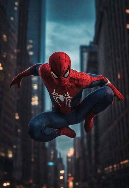 Portrait face Solo spiderman flying in new york , photograph ,pale beautiful photo, ultra detailedspiderman suit , night time, cinematic composition,  cinematic filtering