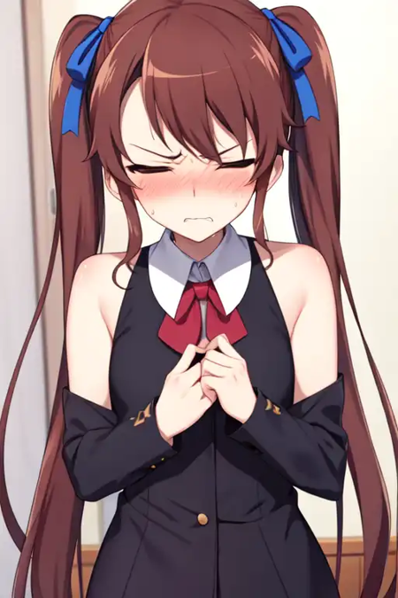 akazawaizumi, hair ribbon, solo, pov, blush, closed eyes, angry, tsundere