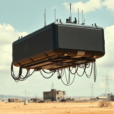 ultra high resolution, masterpiece, best quality, small featureless boxy glossy black  spacecraft with a textured surface hovering low to the ground, underneath the spacecraft are cables hoses and wires, antennas on top, cables hanging from below, rectangular in shape, futuristic world, post apocalyptic landscape, ((low concrete buildings:1.3)) anti gravity, in the atmosphere, sky, clouds, ground visible, hovering, dry, ((dusty)), bleak landscape, parched, bright noon sunlight, square shapes, bleached colors, destroyed industrial buildings, powerlines and towers,