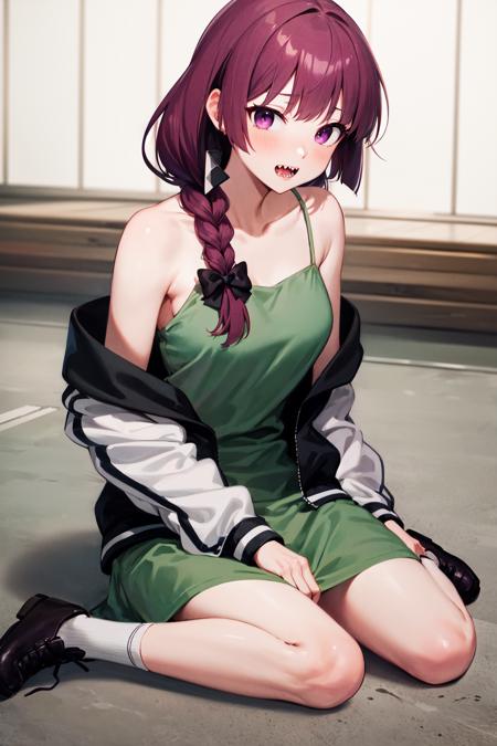 aakikuri, long hair, single braid, hair bow, hair over shoulder, purple eyes, sharp teeth, medium breasts, green dress, letterman jacket, two-tone jacket, open jacket, long sleeves aakikuri, long hair, single braid, hair bow, hair over shoulder, purple eyes, sharp teeth, medium breasts, green dress, sleeveless