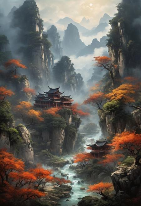 Envision a serene and tranquil idyllic retreat nestled within the ethereal beauty of ancient Xianxia-themed mountains, where misty clouds delicately wrap around the peaks, creating an otherworldly atmosphere. The landscape is dotted with ancient architecture, reflecting the elegance and refinement of a cultivation sect's stronghold. Here, mystical energy flows through enchanted forests, where immortal mountains and rivers harmonize with the natural world, fostering an environment perfect for the pursuit of martial immortality. The scene is populated with mystical creatures, adding a touch of wonder and magic to this Chinese ancient Xianxia-themed paradise., Don't be real, oil painting, done with japanese brush technique, realistic, extreme detail, scary, terrifying, dark and warm environment, 8k, looking at viewer, looming, Comic style
<lora:add-detail-xl:1> <lora:xl_more_art-full_v1:0.5>  <lora:looking_at_viewer:2>