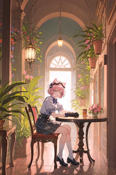 1girl, goggles, goggles on head, gloves, hair rings, pink hair, shirt, sitting, white shirt, skirt, solo, blue eyes, black footwear, cat, short sleeves, animal ears, puffy sleeves, table, plant, black gloves, shoes, flower, socks, vase, potted plant, black skirt, puffy short sleeves, chair, indoors, high-waist skirt 
///////////  <lora:reiko-000298:1>, <lora:ç»ä¸½çåå½±:0.2>,<lora:add_detail:0.35>, <lora:adaptedmodel:0.35>