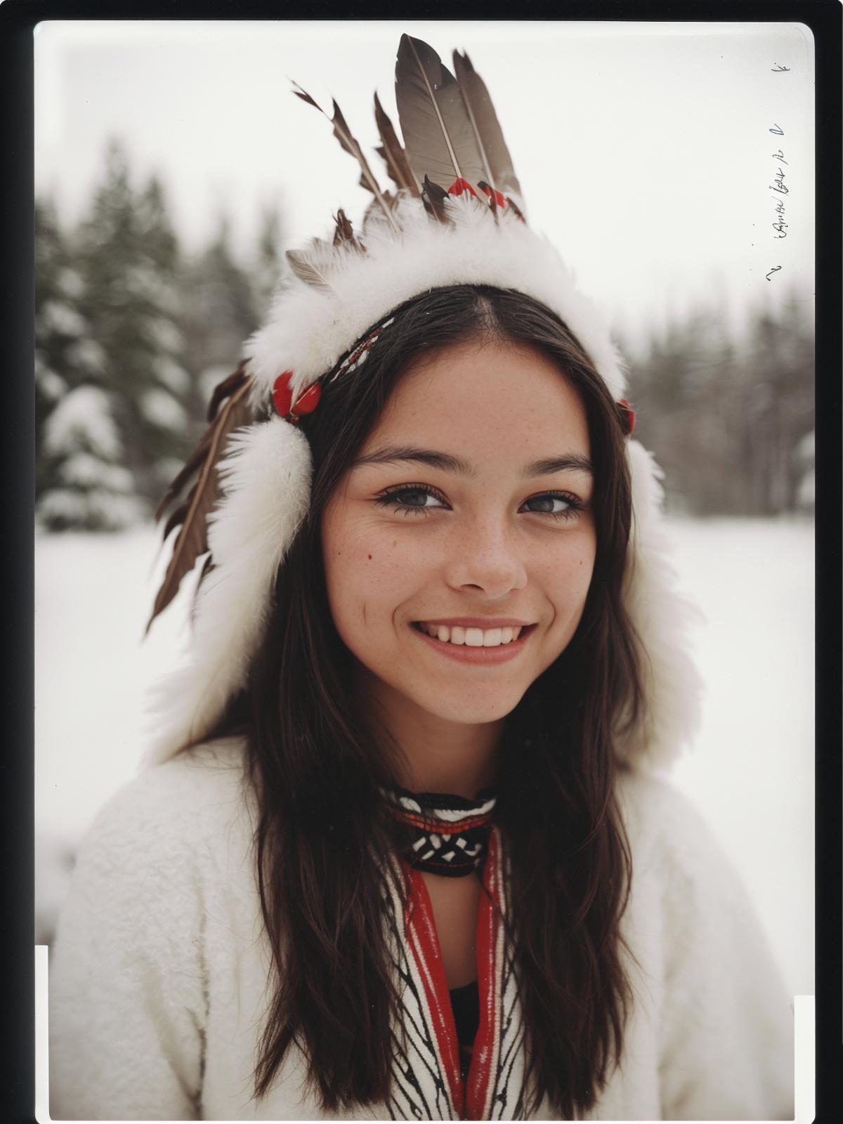 A young woman wearing a Native American headdress and a white coat.