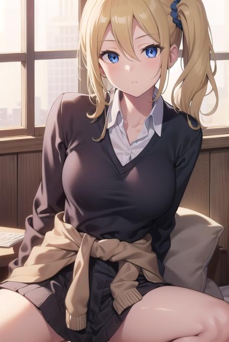 aihayasaka, <lora:aihayasakatest:1>,
ai hayasaka, blonde hair, blue eyes, blue scrunchie, hair between eyes, hair scrunchie, long hair, scrunchie, side ponytail, sidelocks,
BREAK black sweater, blouse, cardigan, cardigan around waist, clothes around waist, collared shirt, dress shirt, long sleeves, school uniform, shirt, shuuchiin academy school uniform, skirt, sweater, white shirt,
BREAK looking at viewer,
BREAK indoors, classroom,
BREAK <lora:GoodHands-vanilla:1>, (masterpiece:1.2), best quality, high resolution, unity 8k wallpaper, (illustration:0.8), (beautiful detailed eyes:1.6), extremely detailed face, perfect lighting, extremely detailed CG, (perfect hands, perfect anatomy),