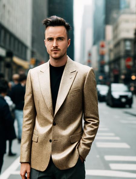 man, standing on the street, street fashion, city of the future, cyberpunk  <lora:Aaron Paul:0.8>