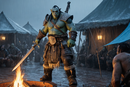 an orc weaponmaster with green skin, wearing heavy armor, inspecting a sword, solo, from the Frostwolf Clan, with white fur cloaks and ice-blue markings, an orc shaman hut with bone decorations, herbal bundles, a fire pit, detailed background, inspecting a weapon, holding a sword, angry, clenched jaw, environment focus, wide shot, a fishing contest with orcs spearing fish, river splashing, crowds cheering, a bone knife, nearby, on a tent floor, leather surface, rainy, steady rain, muddy ground, overcast sky, early evening, soft orange glow, first stars appearing, cooling air, best quality, vibrant colors, photorealistic style, high detail, high-definition, hyper-realistic, extremely high-resolution details, fine texture, incredibly lifelike, realistic, not cartoon, not drawing, highres, 4K resolution, source photo, realistic photo, masterpiece, best quality, amazing quality, very aesthetic, ultra-detailed, detailed textures, natural lighting, soft lighting, icy blue tones, cool blues and whites, torchlight, warm flickering glow, medium shot