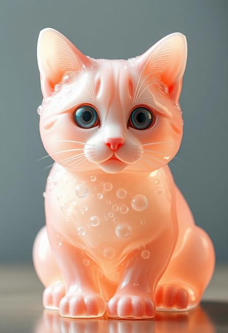 "Create a photorealistic image of a cat made entirely out of dishwashing soap, with intricate details and textures that capture the soap's translucent and bubbly nature. The cat's body should be rendered in exquisite detail, with visible soap bubbles and a subtle sheen that suggests moisture. The soap should be colored in a soft, pastel hue, with a subtle gradient that gives the impression of depth and dimension. The cat's eyes should be bright and shiny, with a subtle sparkle that suggests soap suds. The overall effect should be one of whimsical, playful wonder, as if the cat is a living, breathing embodiment of soap and water." Highest-Quality, 4k, intricate details, visually stunning, Masterpiece