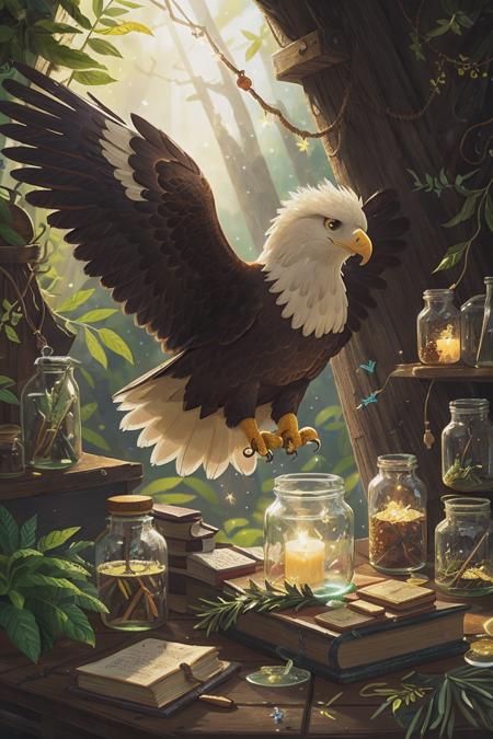 (close-up:1.3) eagle, on An old-world apothecary with jars of herbs and potions, nature, (natural elements), (particle effects),glow sprite, with a glowing, <lora:COOLKIDS_MERGE_V2.5:1>,  <lora:add_sharpness:0.5>