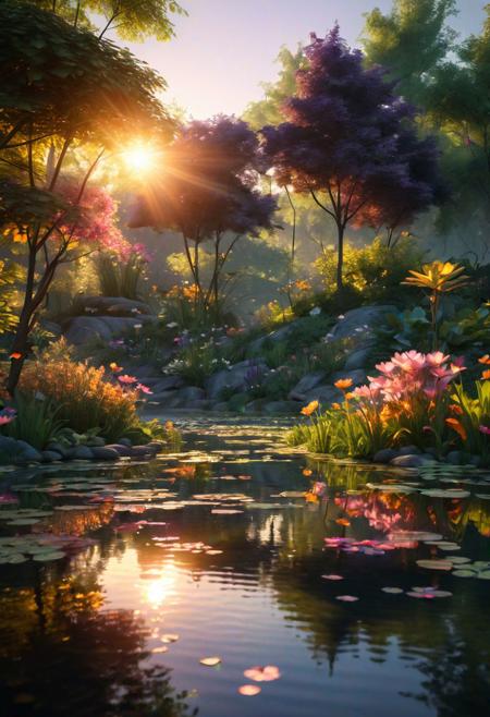 ultra-detailed, (realistic, photorealistic, photo-realistic),  beautiful peaceful evening pond, serene reflection of the sky and clouds in the calm water, captivating atmosphere with warm sunset lighting, golden rays of sunlight filtering through the trees, twilight, sunset light, gentle ripples spreading across the surface, tranquil setting adorned with blooming lotus flowers and water lilies, faint chirping of birds in the distance, subtle breeze rustling the leaves, scattered rocks adding depth and texture to the pond, lush greenery surrounding the pond, just the right balance of light and shadow, impressionistic style with soft brushstrokes, warm color palette with shades of gold, orange, and purple, subtle play of light and shadow enhancing the mood, soothing and calming ambiance, perfect harmony between nature and tranquility, Depth of field, wallpaper, high contrast, intricate details, volumetric lighting, (dynamic composition:1.2), highly detailed, colorful details, (iridescent colors:1.2), (glowing lighting, atmospheric lighting), dreamy, magical, (solo), lens flare, (colorful:1.0), Cinematic light, high-res, sharp focus, smooth, colorful light, particles, (rainbow colors schemes),