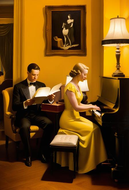 <lora:03realismPainting_Hap_XL:2.5>, realism,American art,oil painting, interior, man, woman, reading, piano, lamp, yellow walls, formal attire, vintage, 1940s, domestic, evening, quiet, focused, soft lighting, home,