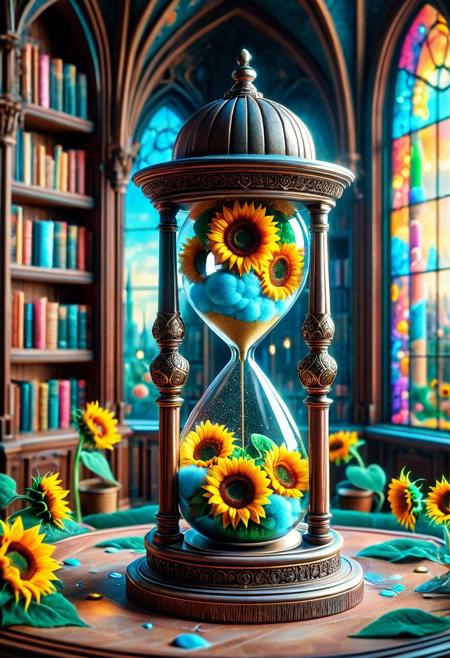 masterpiece, best quality, high resolution, absurdres, ultra-detailed, intricate details, ultra detailed, 8k, highly detailed, very aesthetic, professional 4k, Canon 5d mark 4, extremely detailed, very_detailed, high_detail, sharp focus, clean lines, perfect anatomy, realistic style,  
cottoncandy hourglass Made of Sunflowers,
fantasy castle interior, library, fantasy world,
film grain, cinematic, colorful, moody lighting, natural light, soft light, depth of field, bokeh, light particles, backlight, chiaroscuro, refraction, subsurface scattering