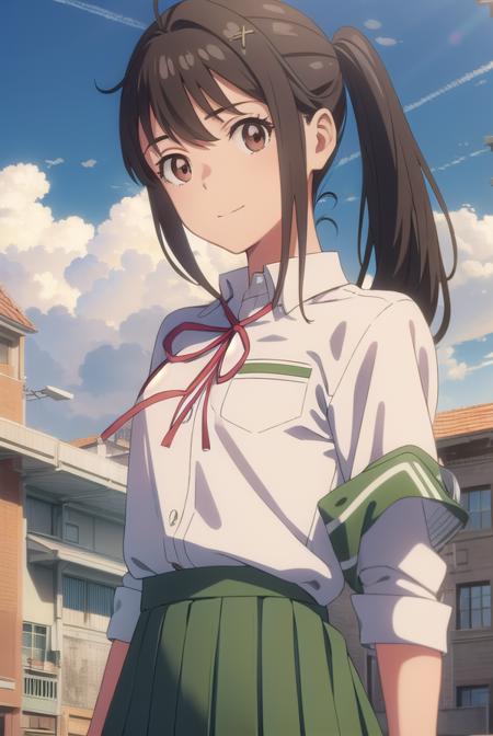 suzumeiwato, <lyco:suzume iwato movie-lyco-nochekaiser:1>,
suzume iwato, long hair, black hair, hair ornament, (brown eyes:1.5), hairclip, ponytail, smile,
BREAK skirt, shirt, ribbon, school uniform, white shirt, red ribbon, green skirt, long skirt,
BREAK outdoors, sky, day, cloud, sun,
BREAK looking at viewer, (cowboy shot:1.5),
BREAK <lyco:GoodHands-beta2:1>, (masterpiece:1.2), best quality, high resolution, unity 8k wallpaper, (illustration:0.8), (beautiful detailed eyes:1.6), extremely detailed face, perfect lighting, extremely detailed CG, (perfect hands, perfect anatomy),