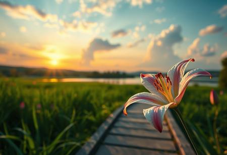 detailed background,( Calm spring night landscape), amongst lush greenery, beautiful view, lily flower in full bloom, lily flower, early morning, sunrise sky, beautiful clouds, dappled sunlight, beautiful, Tranquil Lake, Walkway, petals dancing in the wind, depth of field, masterpiece, best quality, ultra-detailed, very aesthetic, illustration, perfect composition, intricate details, absurdres, moody lighting, wisps of light, no humans,