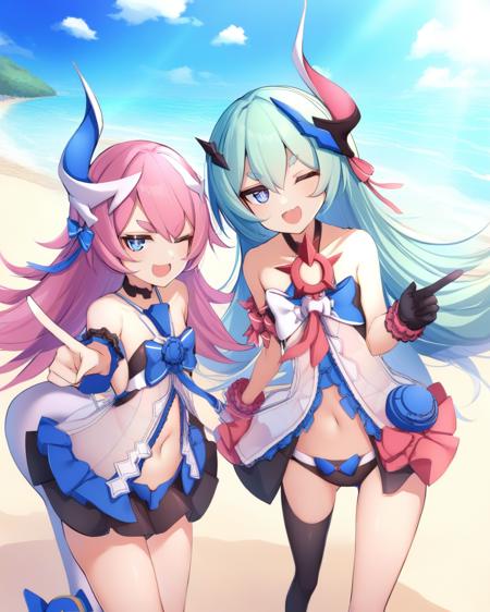 masterpiece,best quality,<lora:honkai_impact_all:1>,2girls, outdoors, tail, blue hair, pink hair, hair ornament, navel, v, :d, bare shoulders, beach, black gloves, blue eyes, blue sky, closed mouth, cloudy sky, highres, honkai \(series\), honkai impact 3rd, liliya olenyeva, one eye closed, open mouth, pointing at viewer, rozaliya olenyeva, sand, single horn, sleeveless dress, twins, water, you'a