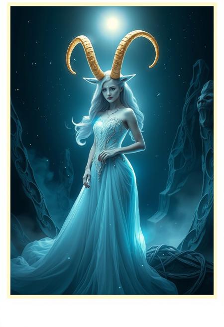 In a realm where light is a forgotten myth, where it lives a capricorn, beautiful woman in a diamond dress, very realistic, high detailed, 8k